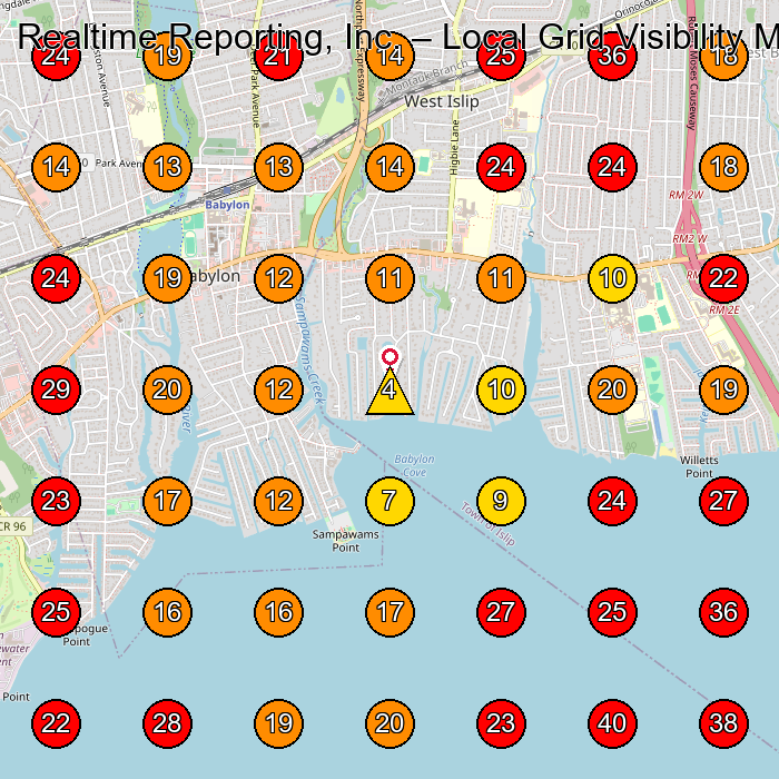 Realtime Reporting, Inc. GeoGrid visibility map for Legal Services in Babylon